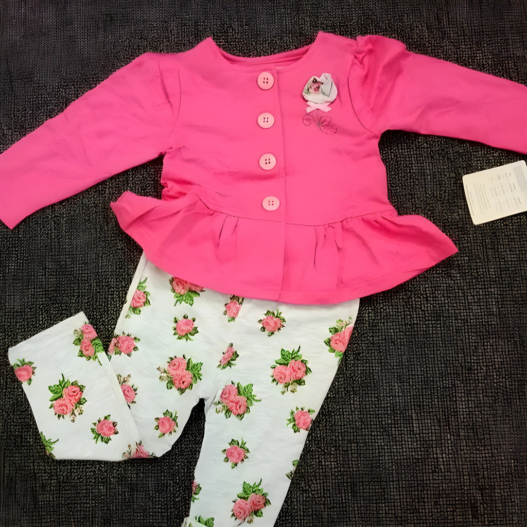 Spring Autumn Girls Pure Cotton Lady Suit Rose Red Floral Single-Breasted Top and Pants Set for Toddler 18M 24M Asian Size Casual Wear