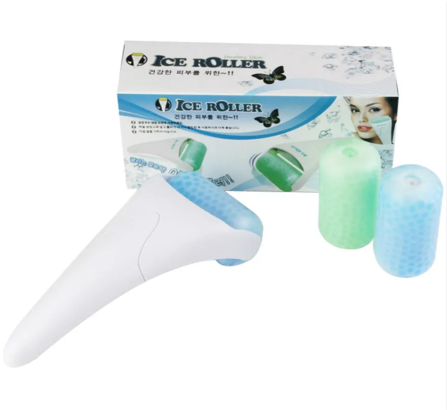 Plastic ice roller face roller in blue with removable head on white background