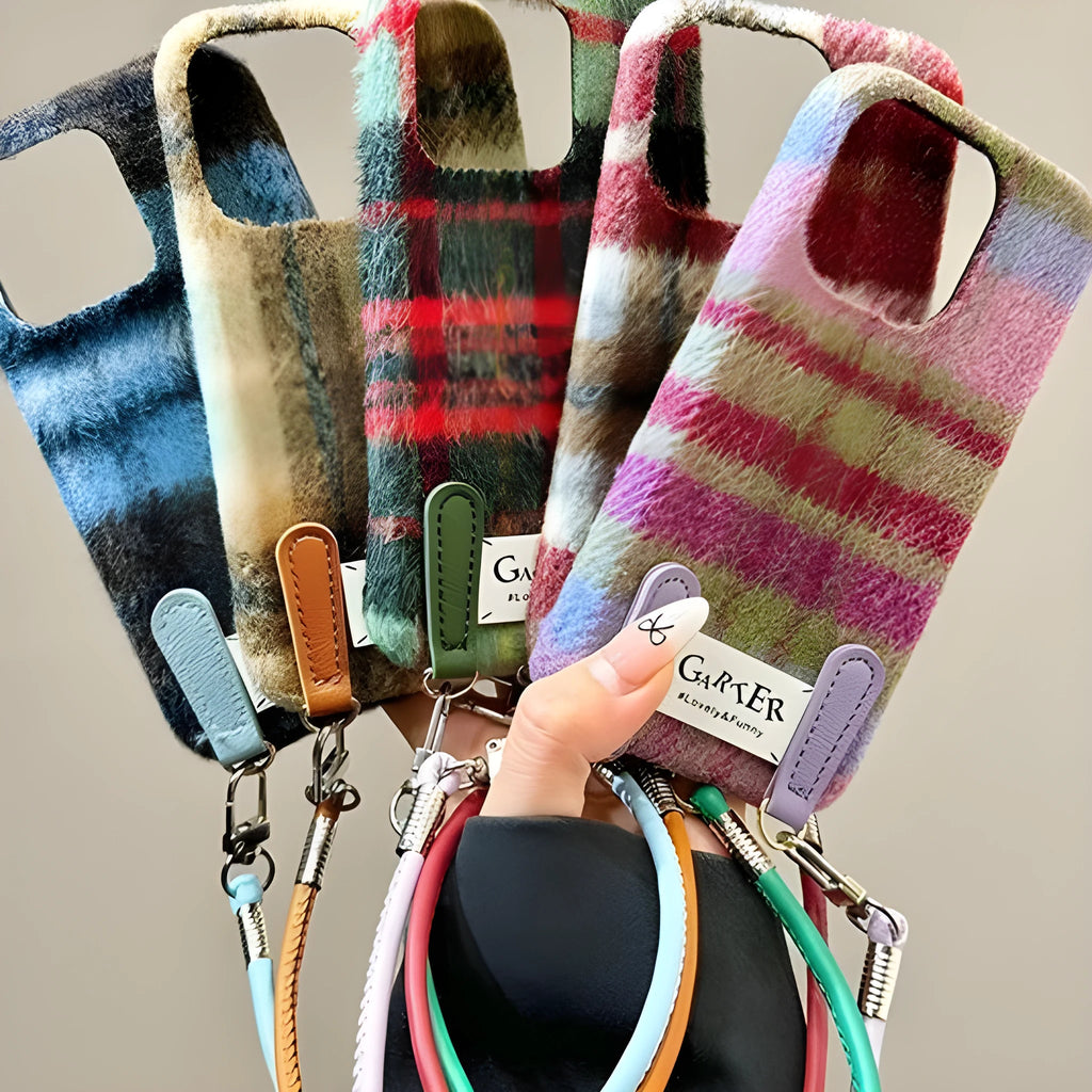 Fleece flannel plaid phone case with wristband for iPhone 13-16 series, half-pack embossed design
