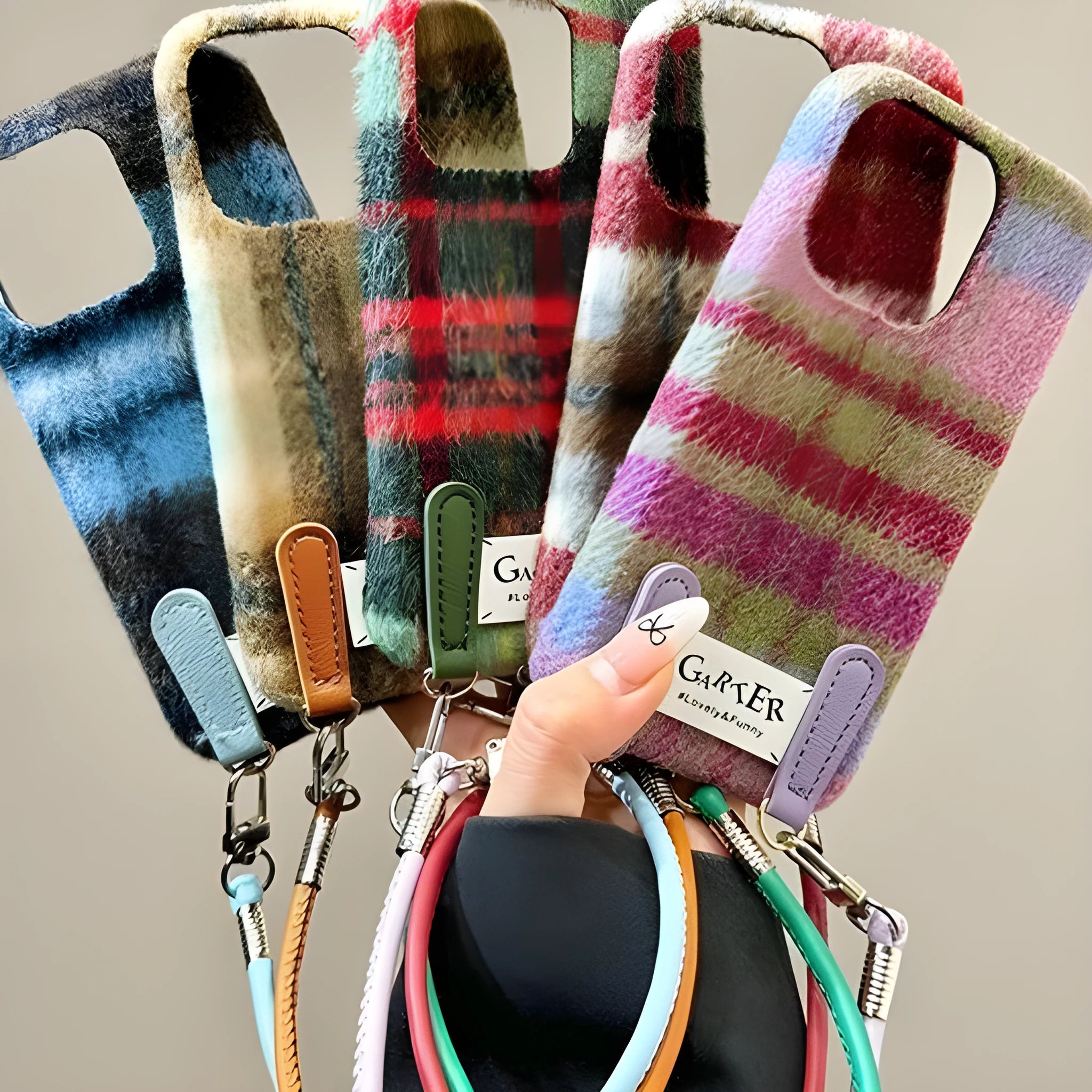 Fleece flannel plaid phone case with wristband for iPhone 13-16 series, half-pack embossed design