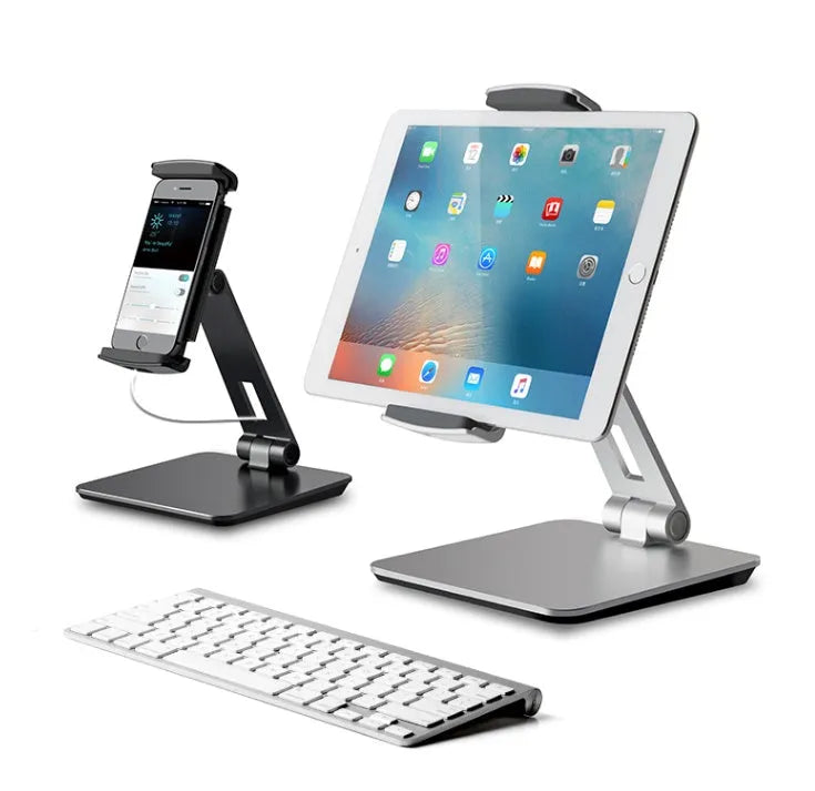 Silver folding aluminium desktop phone and tablet stand with 360° rotating base