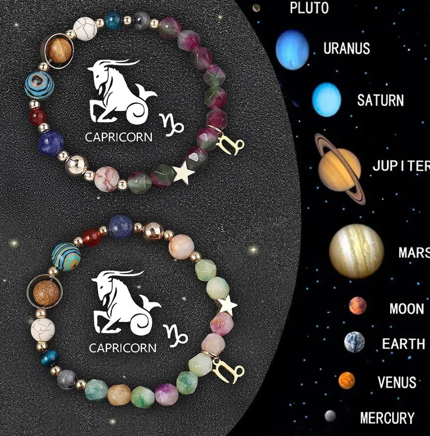Two natural stone beaded bracelets showcasing zodiac sign designs on a selection card.
