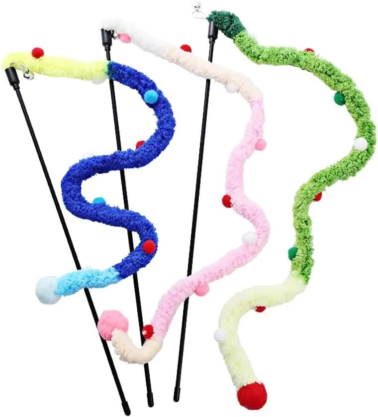 Blue interactive cat wand toy with a long plush strip, fluffy ball, and bells on a 41cm pole.