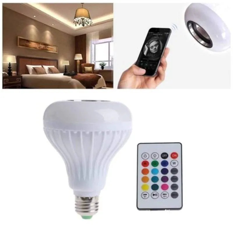 White Bluetooth speaker LED bulb with E27 base showing RGB colour options and remote control