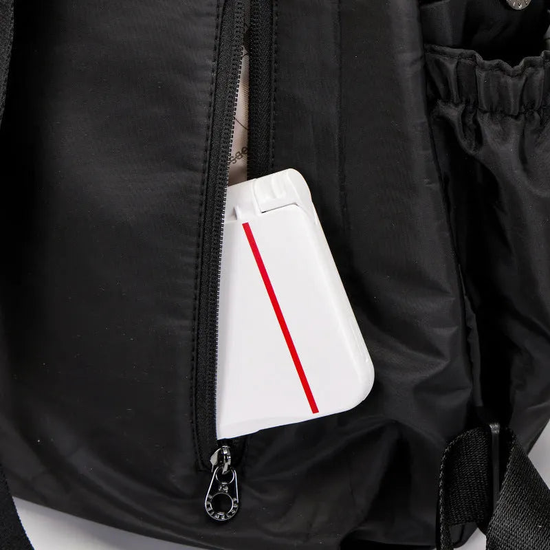 Outdoor backpack with sandwich pocket design in black, khaki, or green letters colours