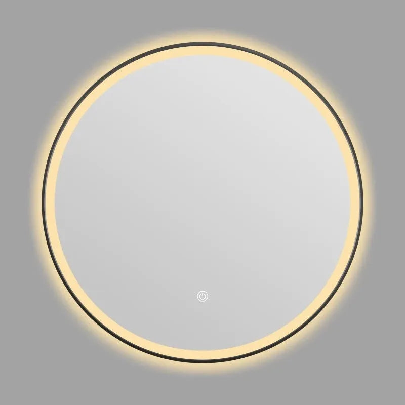 Square black frame LED bathroom makeup mirror mounted on wall with touch control for adjustable lighting