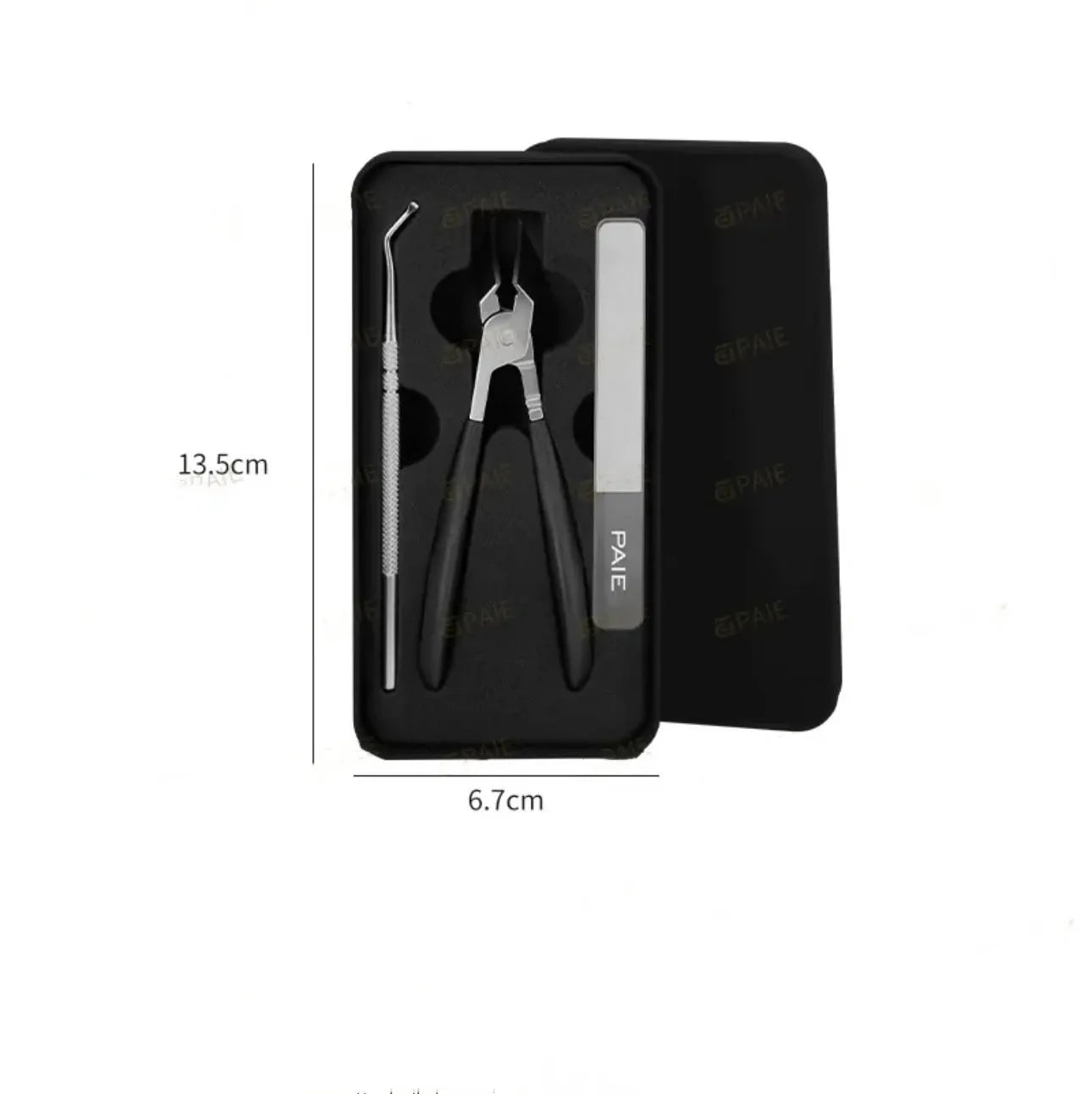 Portable fingernail maintenance kit with plastic and stainless steel tools including pliers and tongs