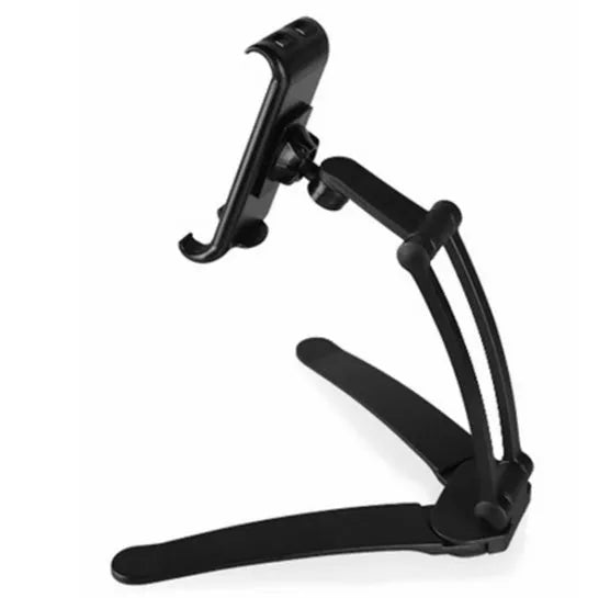 Silver aluminium alloy tablet stand with white mount and adjustable clip on a desktop
