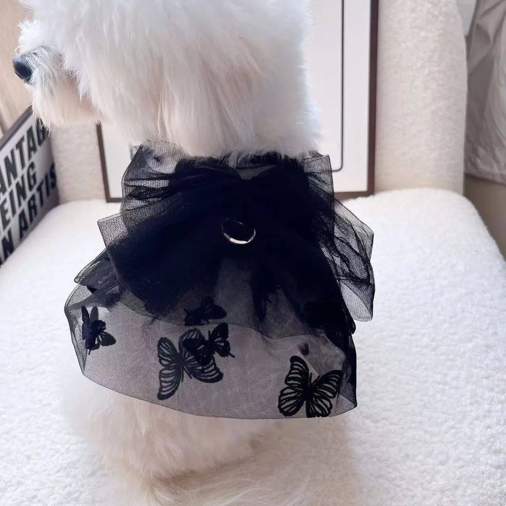 Black gauze princess tulle skirt for a small dog or cat, showing the pet clothing item.