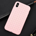 Luxury grid weave pattern TPU phone case for iPhone models in various colours showing raised edges and precise cutouts.