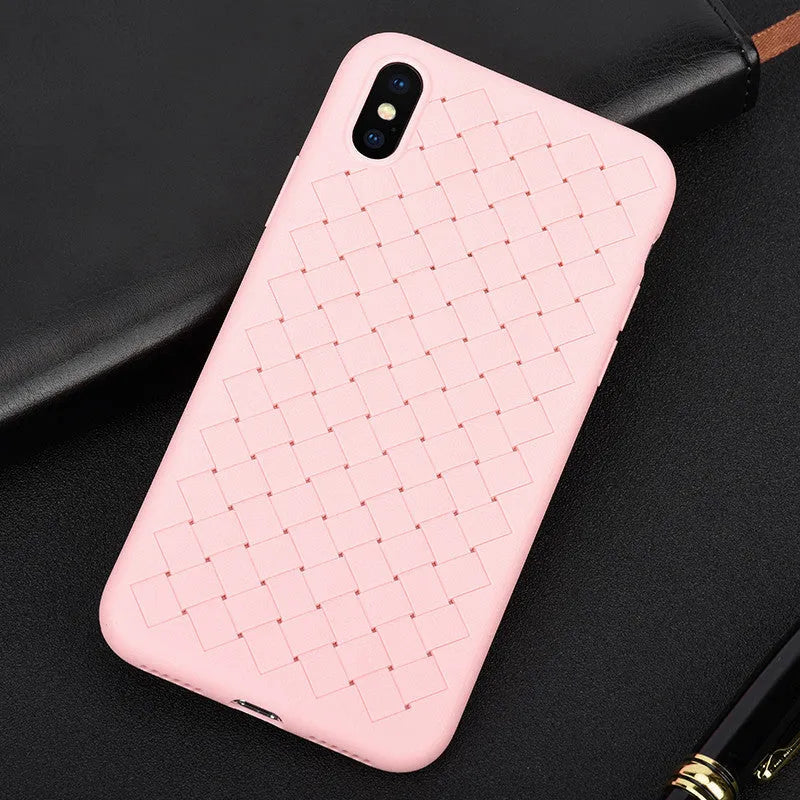 Luxury grid weave pattern TPU phone case for iPhone models in various colours showing raised edges and precise cutouts.