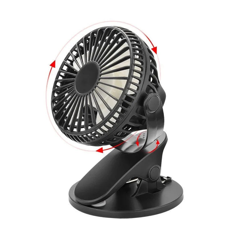 White USB rechargeable mini clip fan with plastic blades attached to a stroller handle.