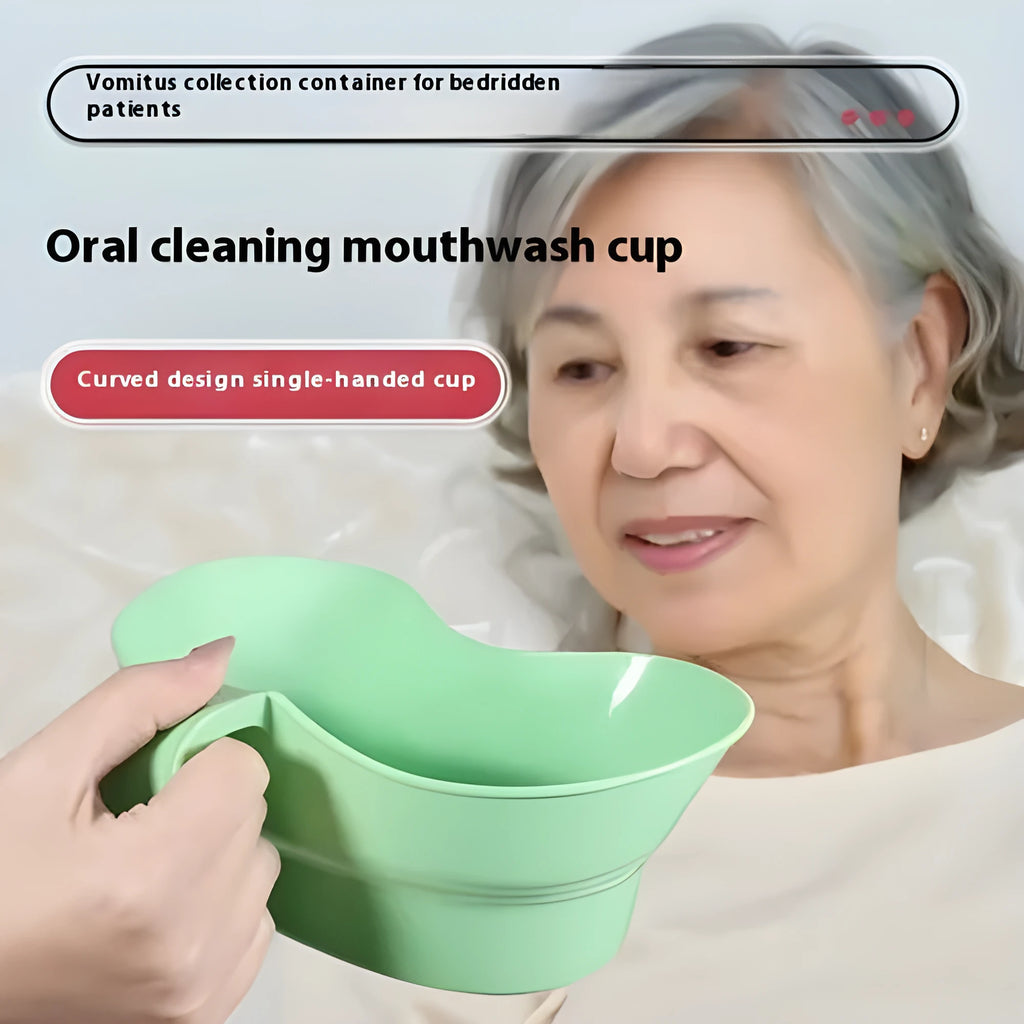 Green plastic gargle cup for bedridden elderly patient oral care and hydration