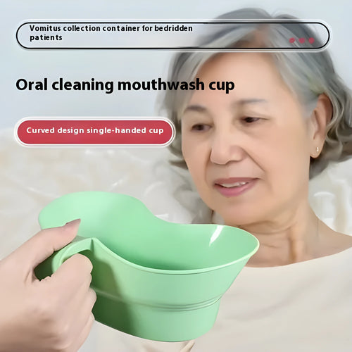 Green plastic gargle cup for bedridden elderly patient oral care and hydration