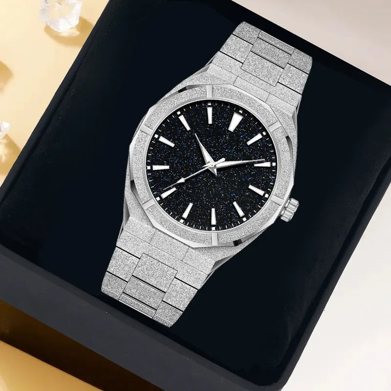 Business men's stainless steel watch with frosted case and luminous markers in silver, gold or black