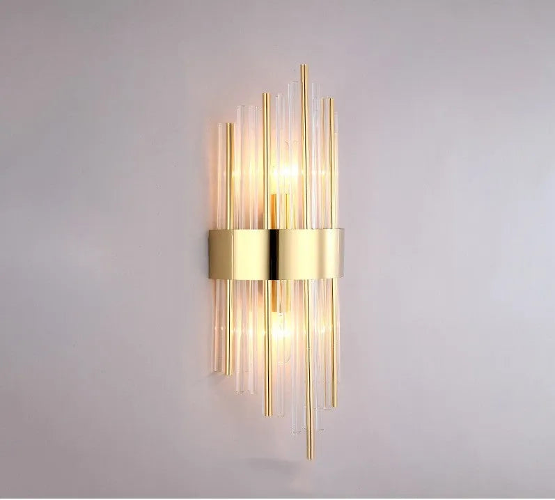 Modern petal-shaped crystal wall lamp with titanium finish in living room setting