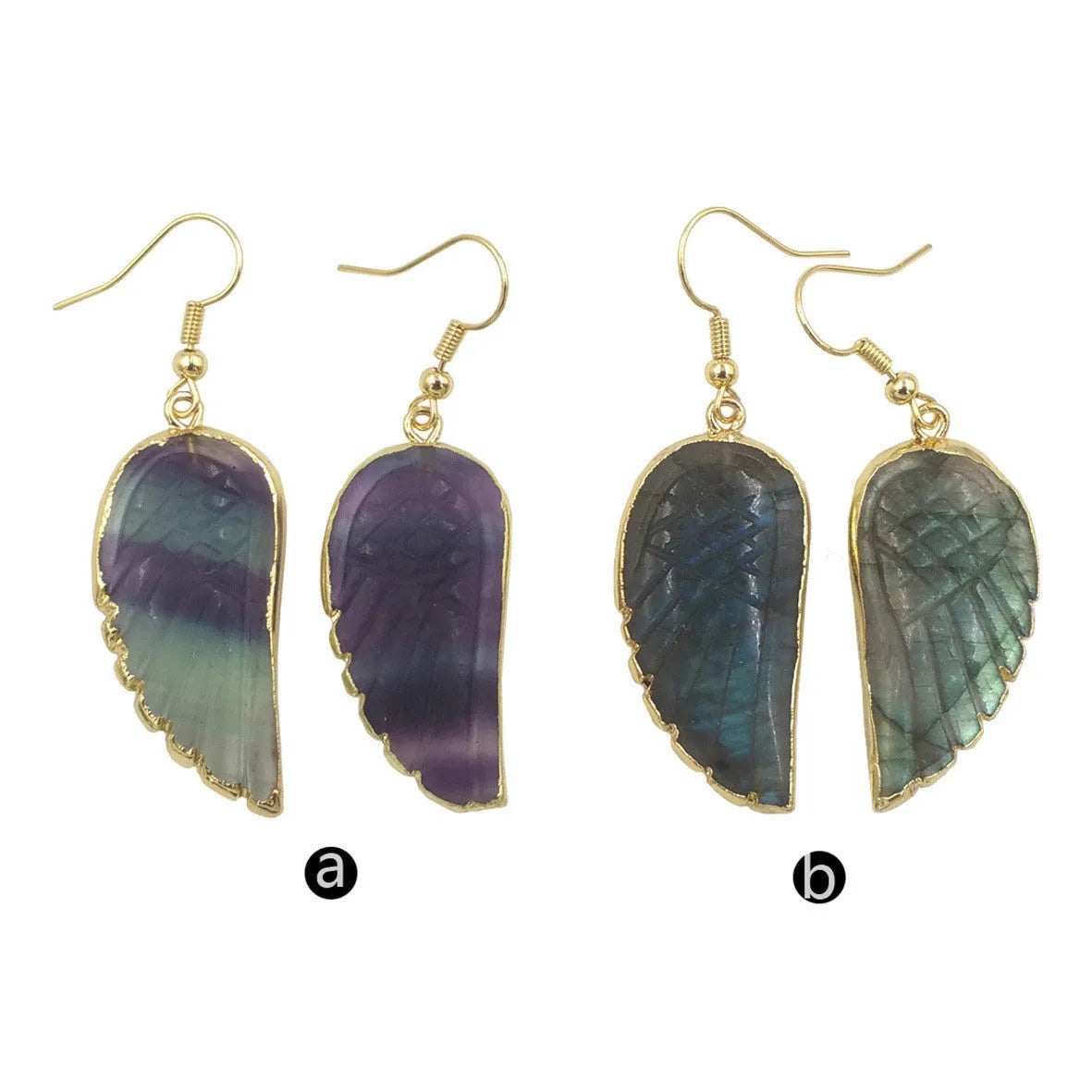 Copper drop shape earrings with fluorite and glitter mixed batch colours and double ring design