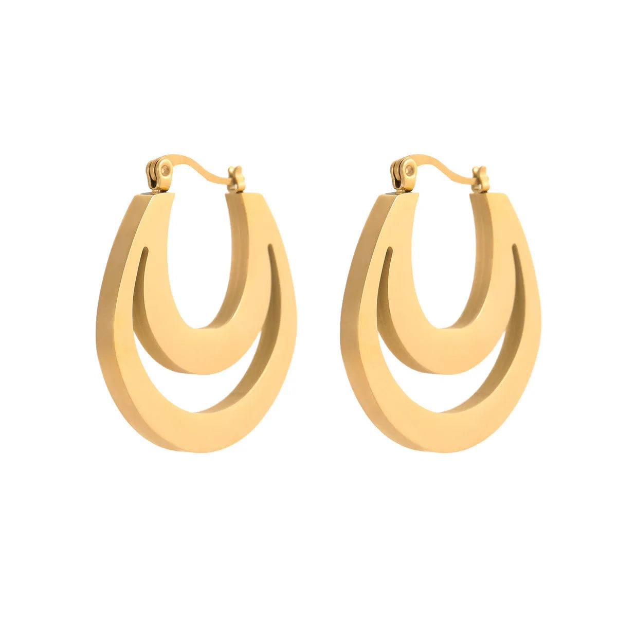 Geometric circular French earrings with gold plating on stainless steel, minimalist design
