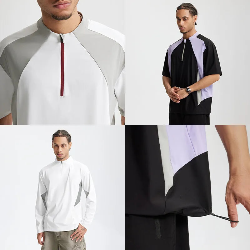 Men's lightweight polyester top with stitching detail in solid black and beige colours with long and short sleeve options