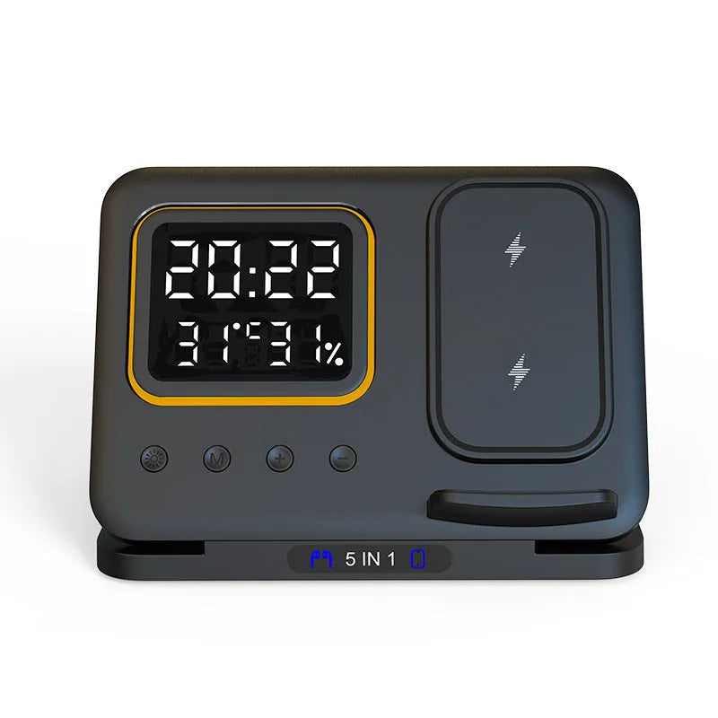 Black and white wireless charging dock station with digital clock display, charging a phone, watch, and headphones.
