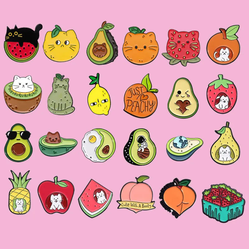 Colourful cartoon fruit design metal brooch with letters on a zinc alloy pin.