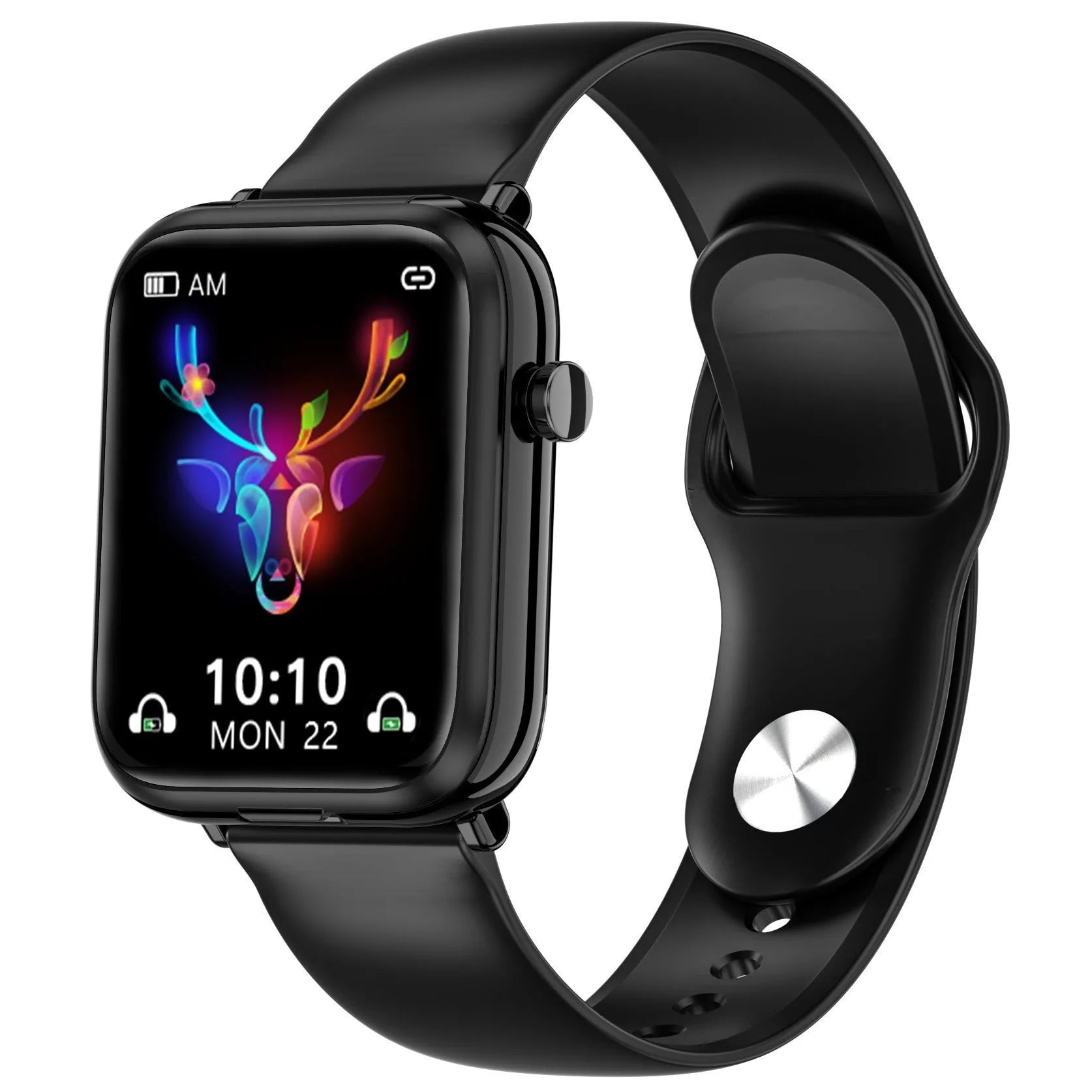 Black smartwatch with 1.69-inch screen and integrated Bluetooth headset stored in charging case.