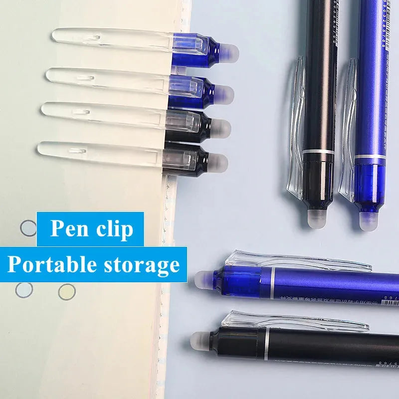 Blue and black erasable gel pens with 0.5mm tips and push-button mechanisms for school use