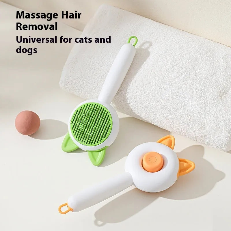 Self-cleaning cat grooming comb with stainless steel bristles in greenish white and orange white colour options