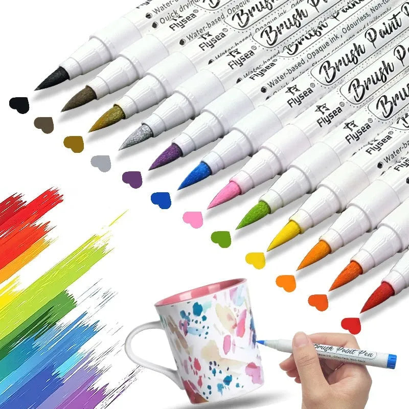 Set of soft tip gouache pens for acrylic painting on paper surfaces