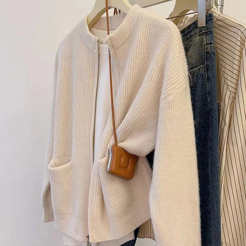 Beige soft glutinous viscose fibre sweater coat cardigan open front long sleeves