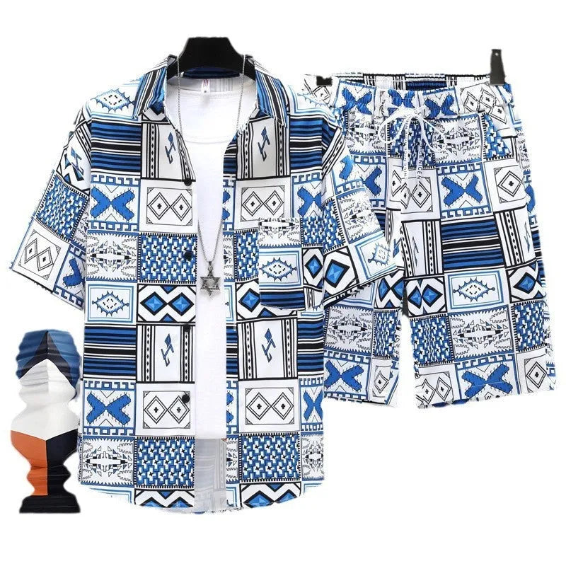 Men's casual sports two-piece set with short-sleeve top and matching shorts