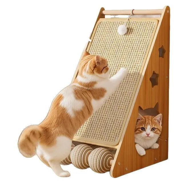 Vertical sisal cat scratch board with wall mounting and cat teasing ball design