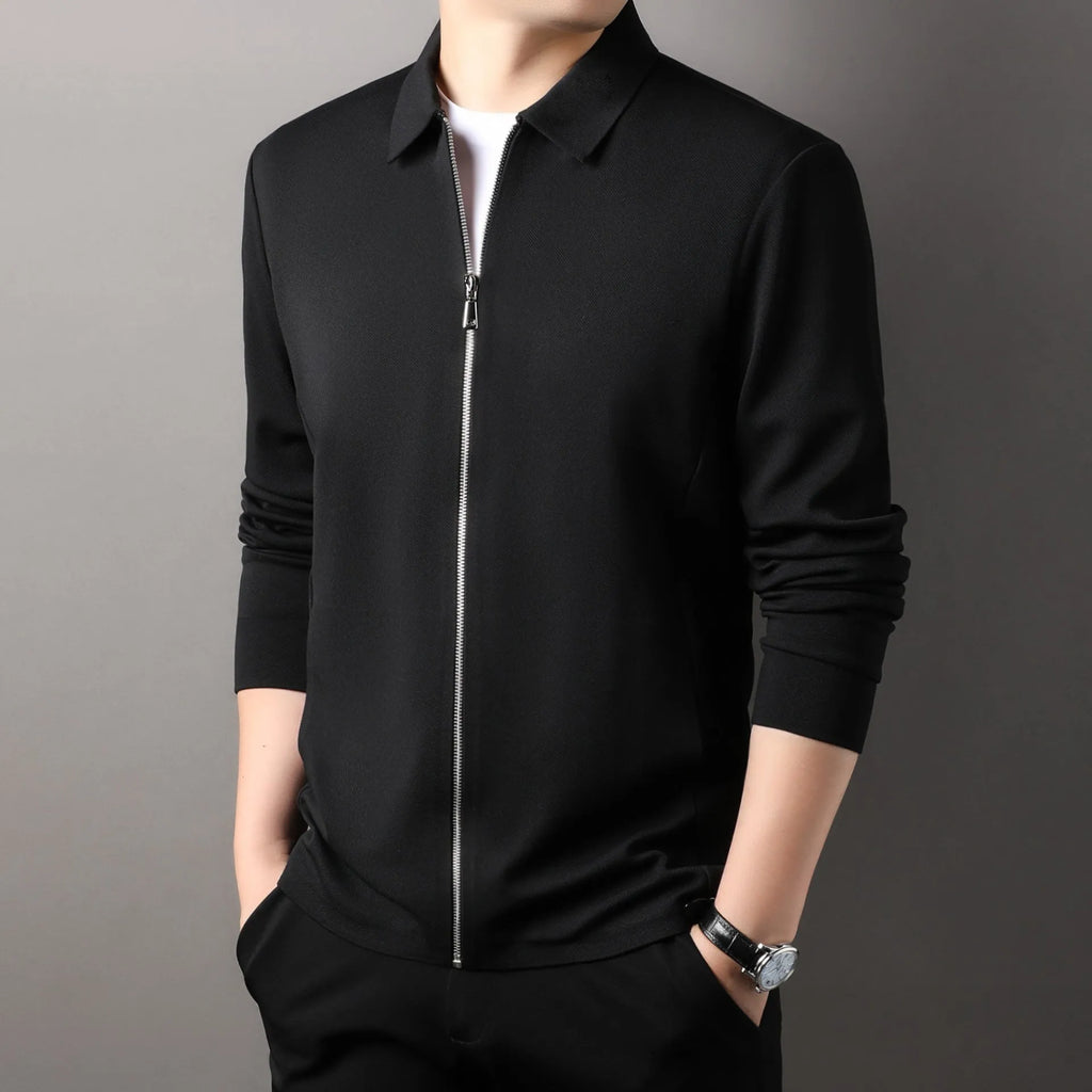 Men's polyester casual business jacket in apricot, black, or dark grey with long sleeves and straight hem.