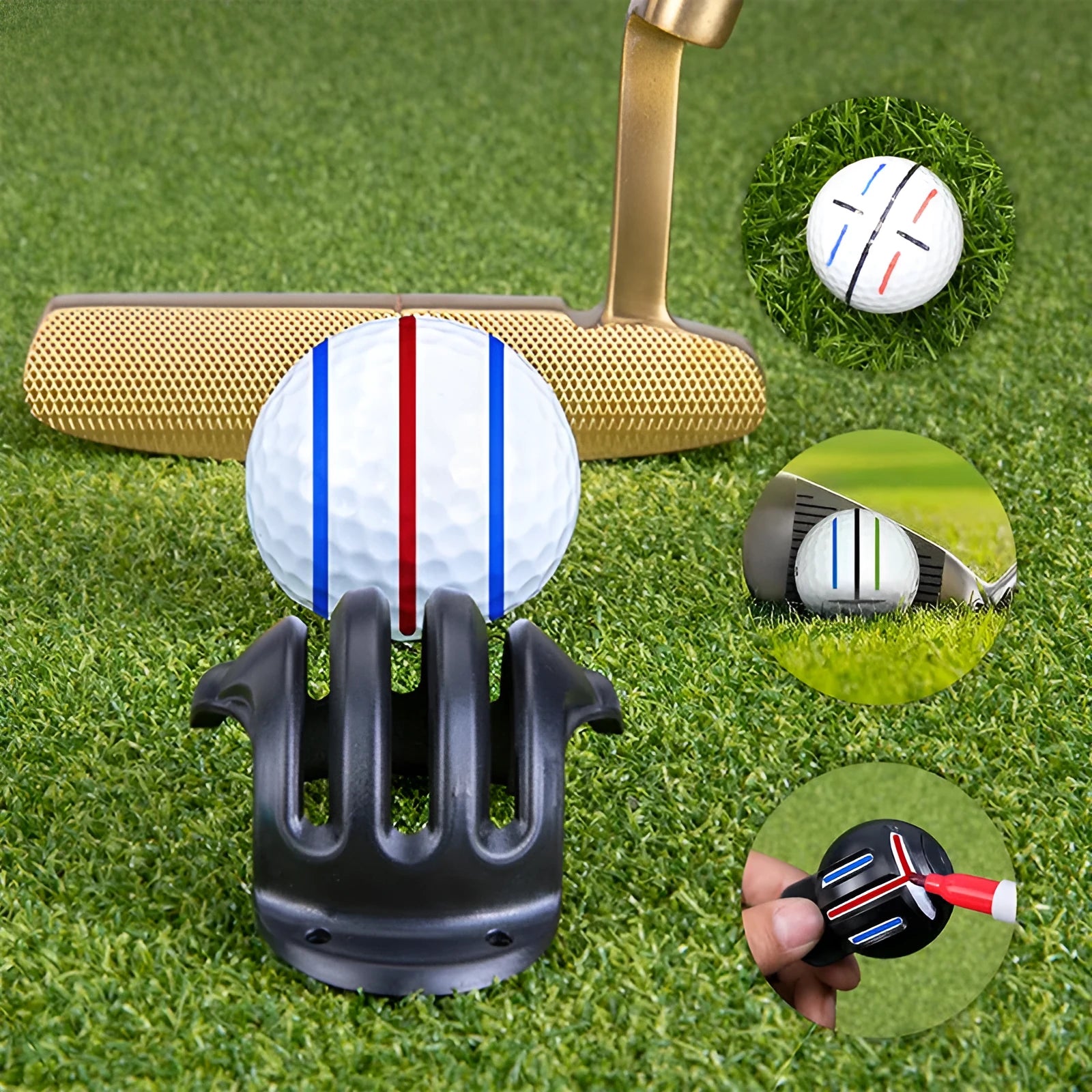 Plastic golf putter alignment scriber tool with pens on a green background.