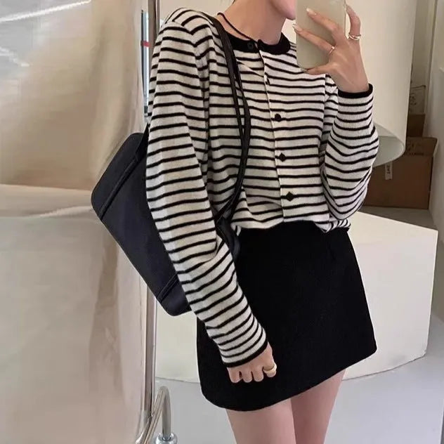 Women's dark grey and white striped slim-fit cardigan coat with short 40cm length.