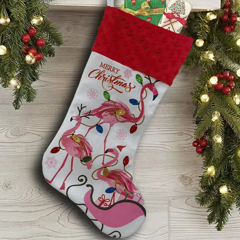 Flamingo Christmas stocking decoration in cloth fabric measuring 46cm by 28cm