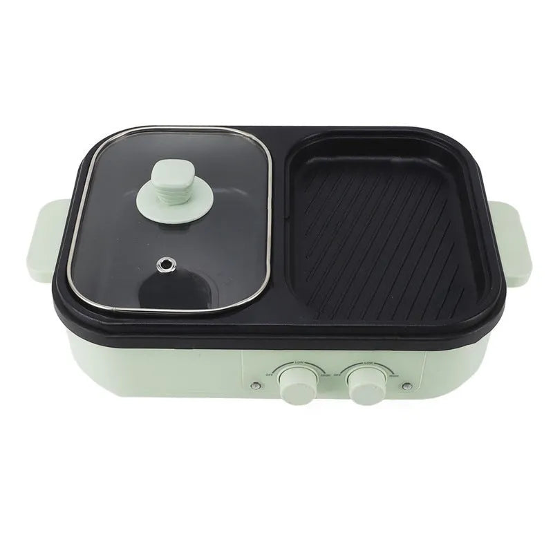 White and green dual-function electric caldron and frying oven appliance with mechanical controls