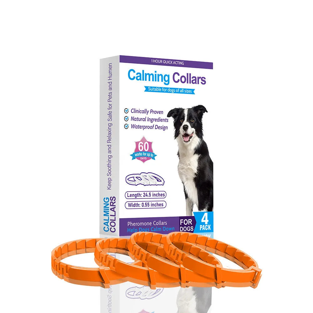 Four dog anxiety relief collars in assorted colours with 62cm length and monochrome Chinese pattern