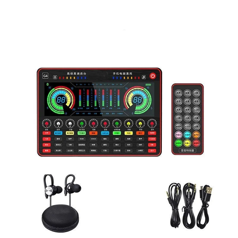 G4 professional live sound card set with LCD display, control knobs, remote, cables, and a dynamic microphone.