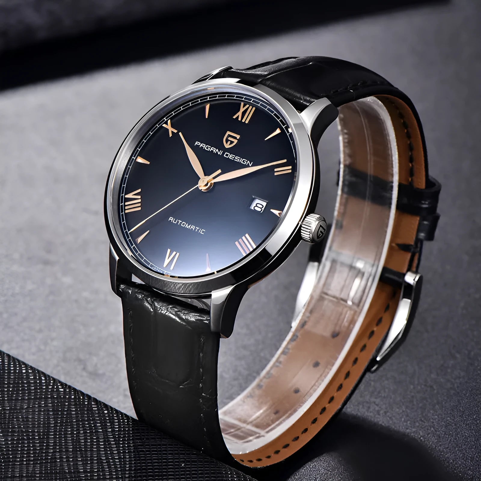 Men's automatic mechanical watch 12mm black dial with leather strap on wrist
