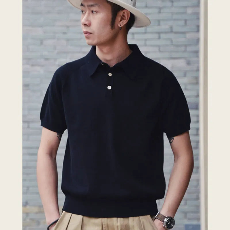 Retro slim fit knitted cotton short-sleeved T-shirt in earth-tone colours