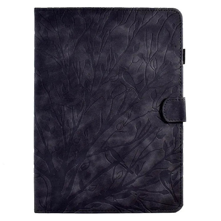 Imitation leather tablet case in black with integrated stand bracket, shown next to a tablet.