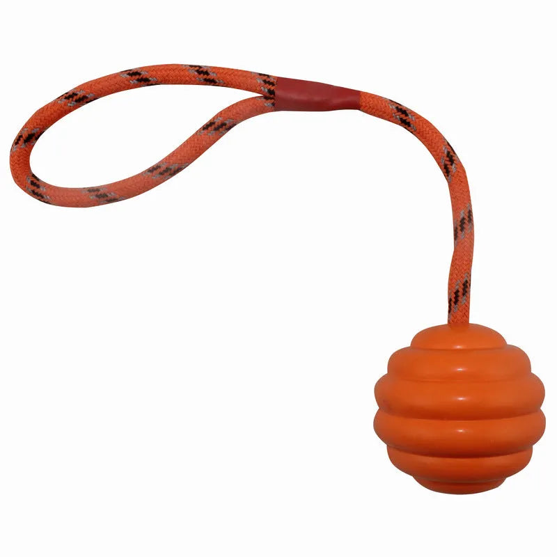 Multi-colour rubber dog ball toy with rope knot handle measuring 6x30cm