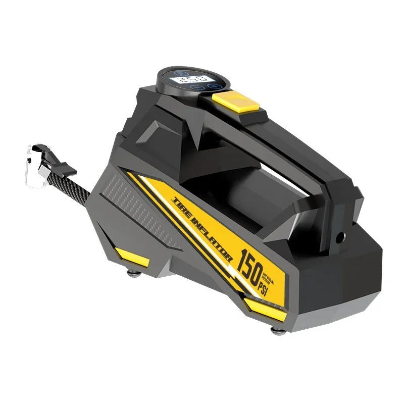 Black portable tyre inflator with digital display and LED light, powered by 12V car socket.