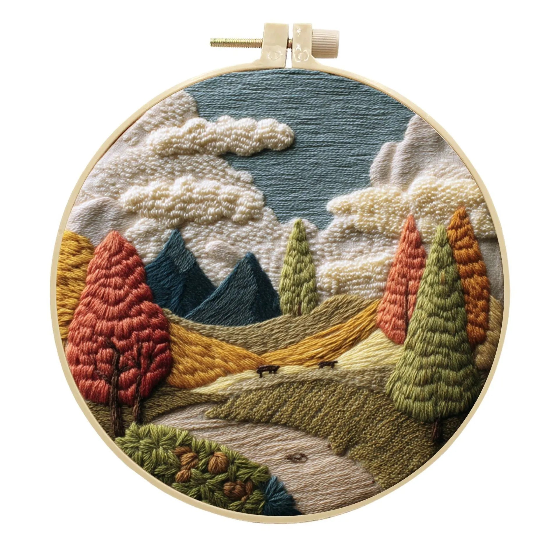 Landscape embroidery DIY kit with cotton linen fabric, 15cm imitation bamboo frame, and embroidery tools