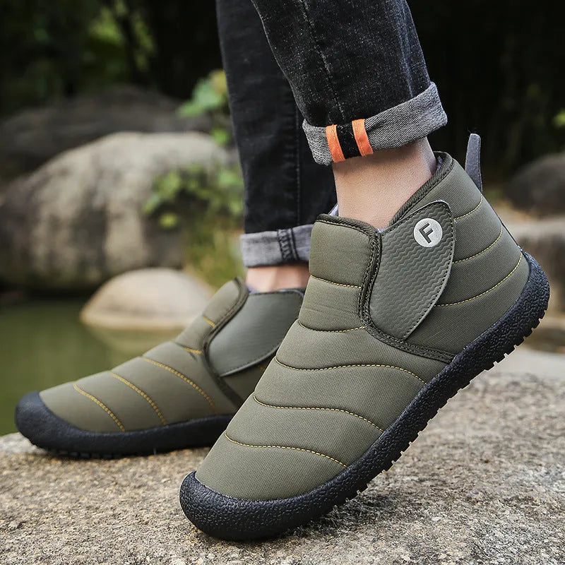 Men's waterproof snow boots with non-slip rubber soles available in black, blue, green, and yellow