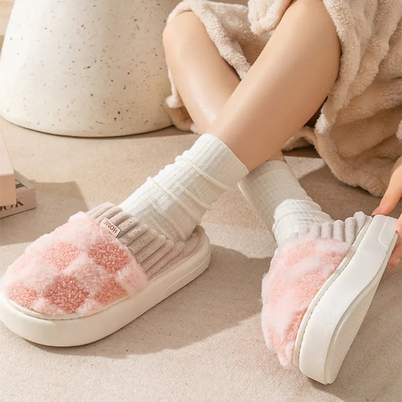 Women's plaid plush indoor slippers with coral velvet upper and non-slip PVC sole in multiple colours