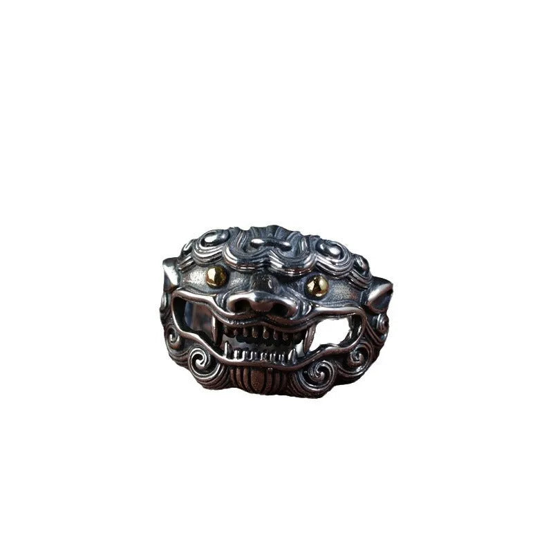 Personalised silver open ring with a detailed jibeast or animal zodiac pattern on a retro-style band.