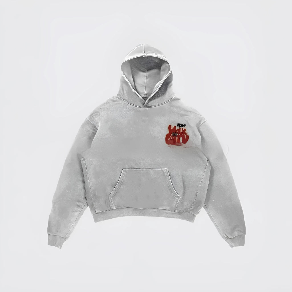 Granny Grey Harajuku character print hoodie with front pocket and long sleeves