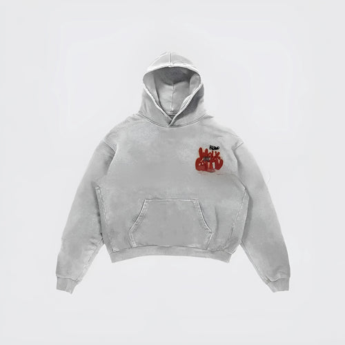 Granny Grey Harajuku character print hoodie with front pocket and long sleeves